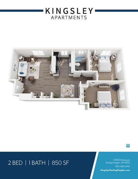 Floor plan for 2 beds, 1 bath, 850 sqft